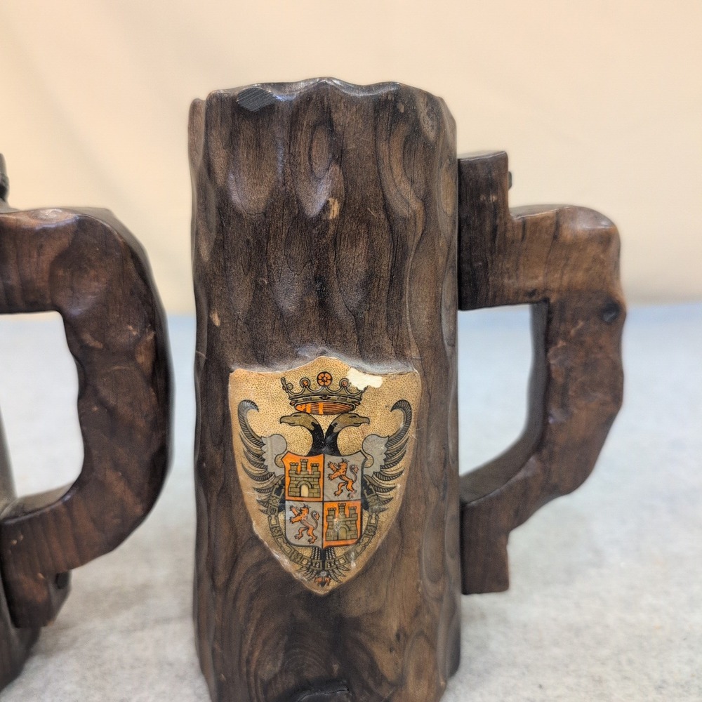 Vintage Hand Carved Wooden Mug Coat of Arms of Toledo, Spain Set of 2 Dark Wood - Picture 3 of 8